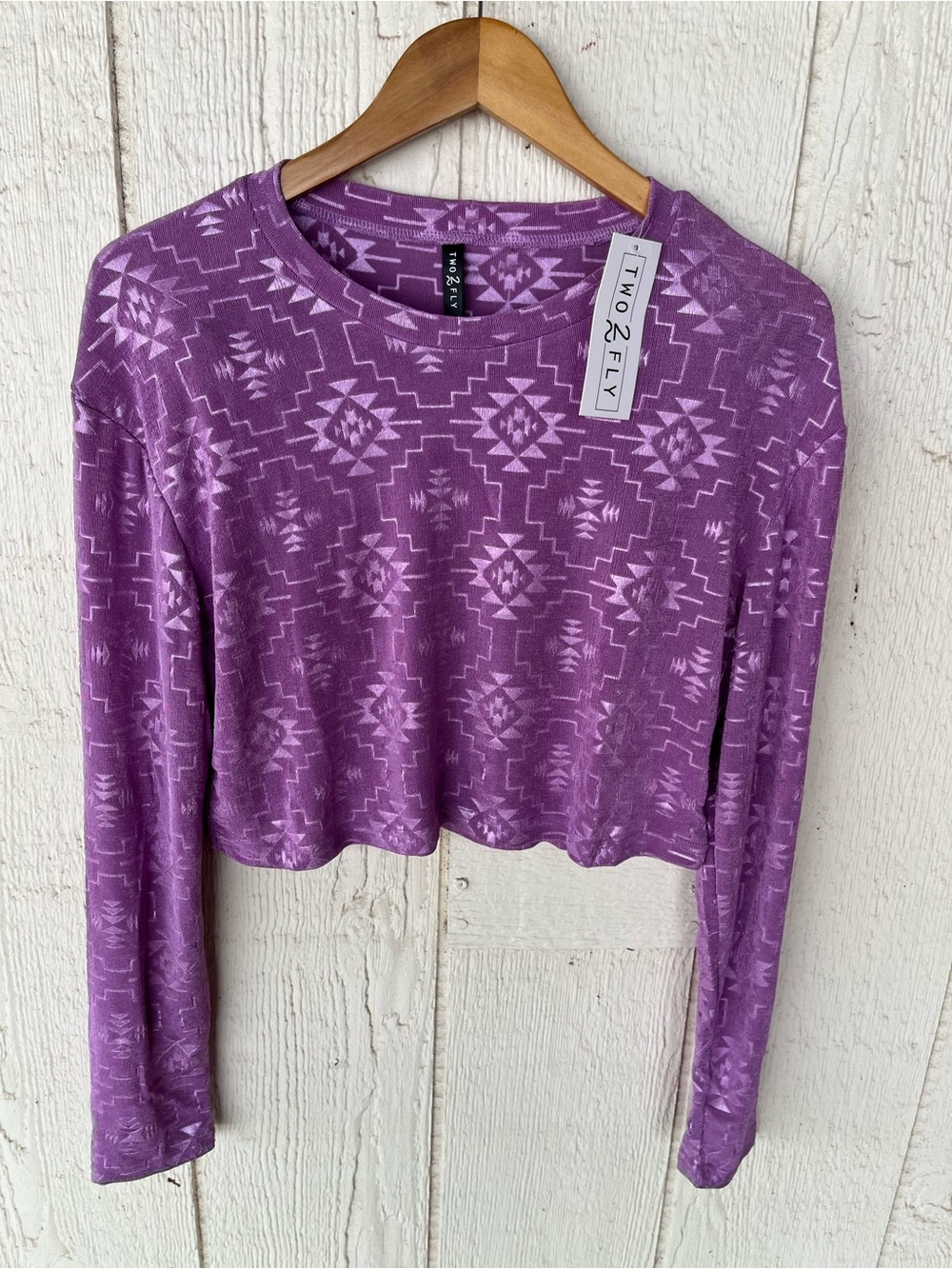 Lavender Aztec-Print Long Sleeve Crop Top M